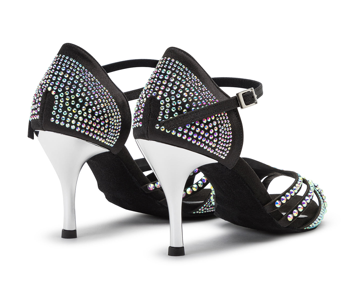 DQ L3M Tanzschuhe von Dancing Queens: Schwarze Satin High Heels mit silbernen Riemchen und Strass.